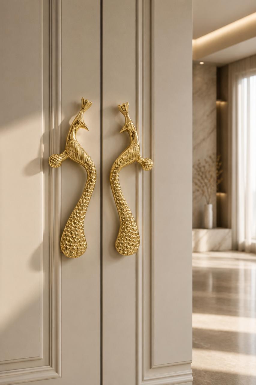 طقم مسكات أبواب نحاس فاخرة بتصميم طاووس - ذهبي