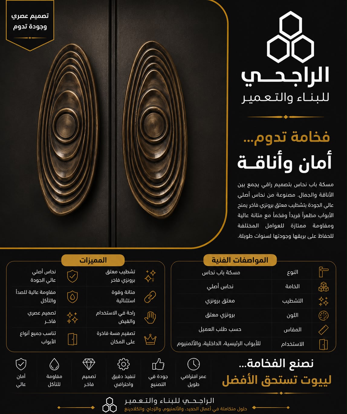 مسكة باب نحاس فخمة بتشطيب برونزي معتق - متجر الراجحي